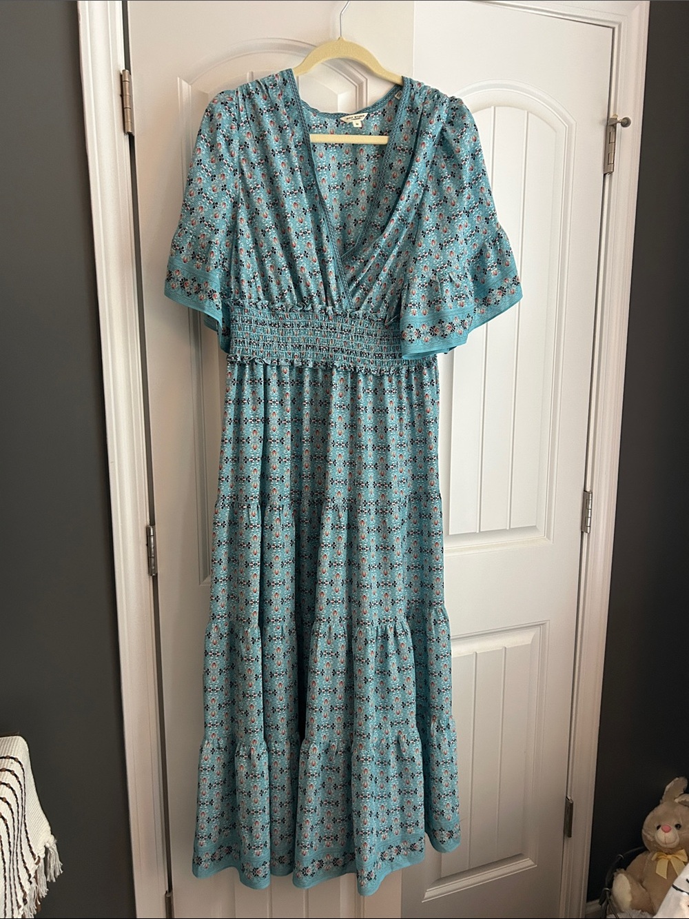 Max Studio Teal Floral V-Neck Smocked-Waist Maxi Dress